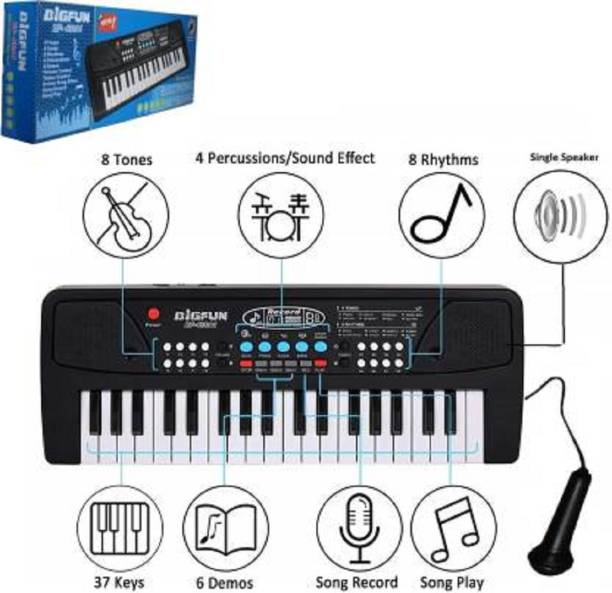 HREYANSH COLLECTION 37 Bigfun Piano Keyboard Toy for Kids with Mobile Charger Power Option, USB Cable and Recording-Latest Edition (Black) (Black)
