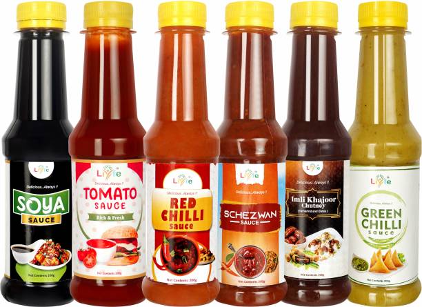 LIYFE Combo of 6 Sauce (Imli Dates Chutney+Schezwan Sauce+Red Chilli+Green Chilli+Soya Sauce+Tomato Ketchup) Sauces & Ketchup