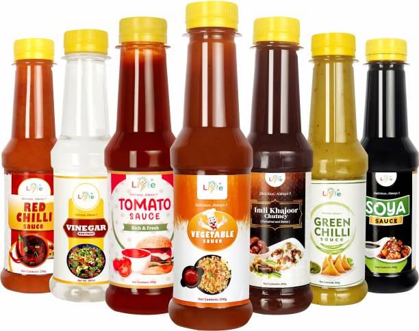 LIYFE Combo of 7 Sauce (Imli Khazoor Chutney, Vegetable Sauce, Green Chilli, Soya Sauce, Red Chilli, Vinegar, Tomato Ketchup) Sauces & Ketchup