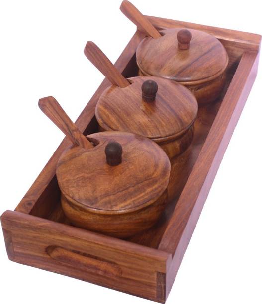 All About Wood Sheesham Hand Crafted Embellished Set of 3 Wooden Bowl for containing Spices/Salt/Sugar with A Tray and Three Wooden Spoons 3 Piece Salt & Pepper Set