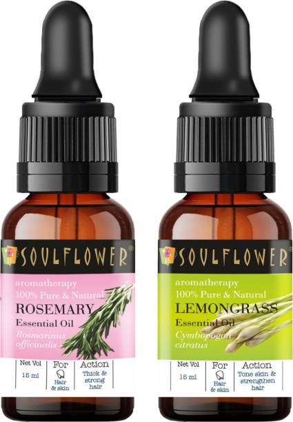Soulflower Essential Oil Rosemary 15ml, Lemongrass 15ml, 100% Premium & Pure, Natural & Undiluted, For Long, Shining & Strong Hair, , Steam, Cough & Cold, Hydrating & Moisturising Skin, Topical Hair & Skin Treatments