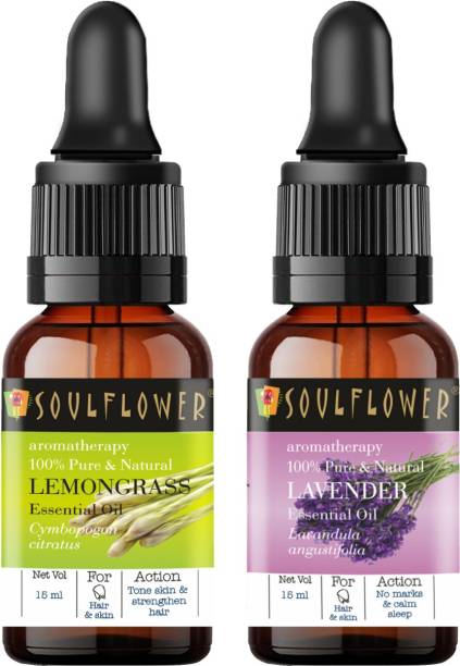 Soulflower Essential Oil Lavender 15ml, Lemongrass 15ml, 100% Premium & Pure, Natural & Undiluted, For Anti Dandruff, Healthy Hair, Acne and Clear Skin