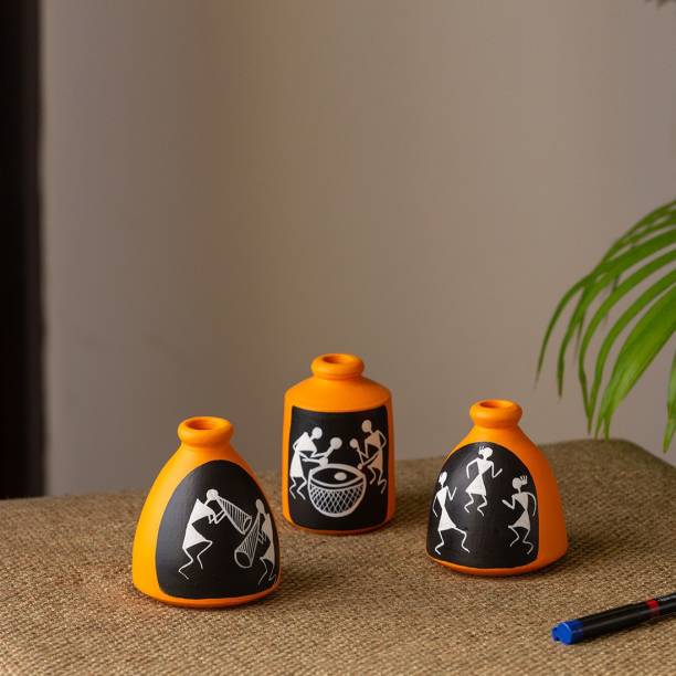 ExclusiveLane 'The Warli Tales' Hand-painted Miniature Pots Terracotta Vase