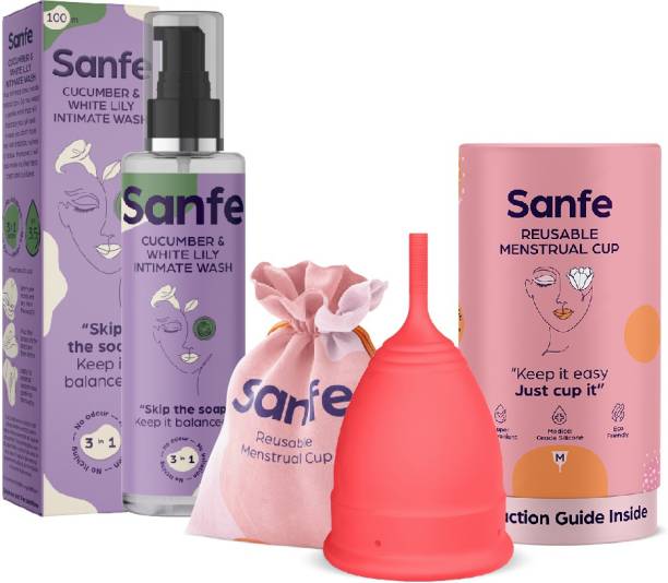 Sanfe Worry Free Set - Perfect Fit Medium Menstrual Cups and Intimate Wash (Cucumber & White Lily)