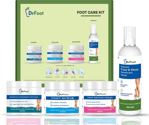 Dr Foot Foot Care Combo (Cream 100gm +Scrub 100gm +Foot/Shoe Deodorant Spray 100ml +Epsom Salt Foot Soak 200gm)