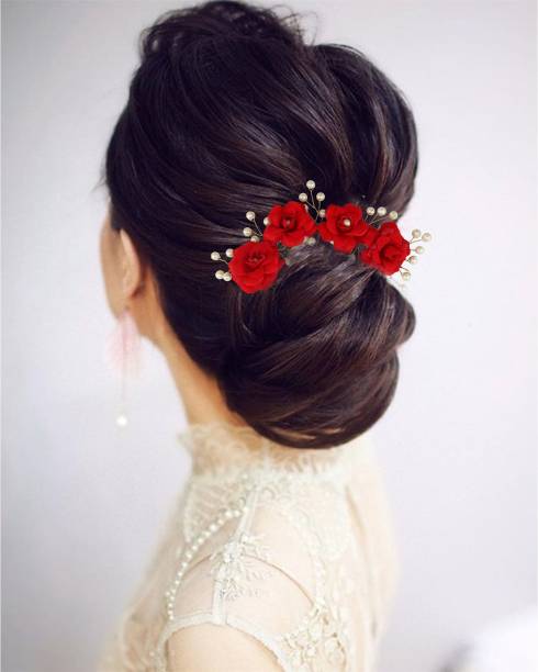 VAGHBHATT 4 Red Rose Party Bridal Fancy Hair Clip Hair Accessories Tiara Accessories for Women Pins Artificial White Stone Flowers Accessories Bun