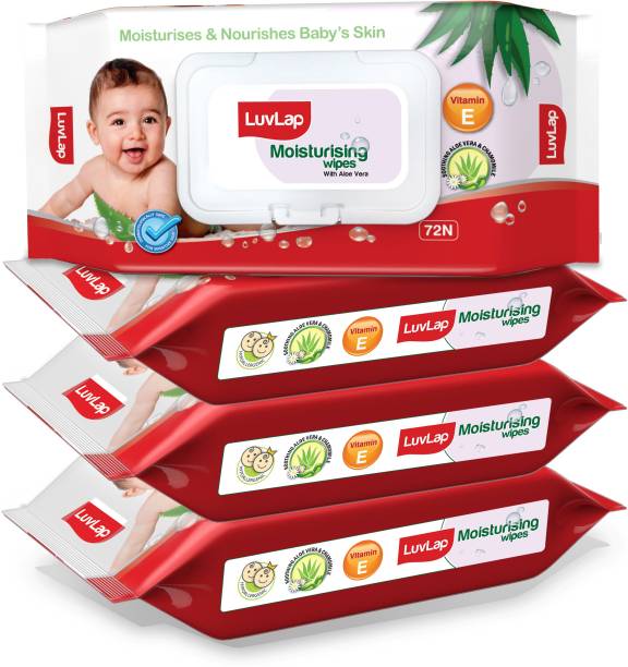 LuvLap Baby Moisturising Wipes with Aloe Vera, 72 wipes/pack with Lid, Pack of 4 Combo,