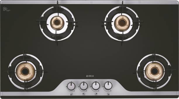 Elica Slimmest 4 Burner Gas Stove with Double Drip Tray and Forged Brass Burners Glass Manual Stove