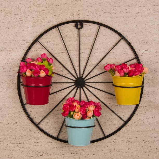 TIED RIBBONS Decorative Multicolor Metal Planter Flower Pot With Wheel Circle Stand Plant Container Set
