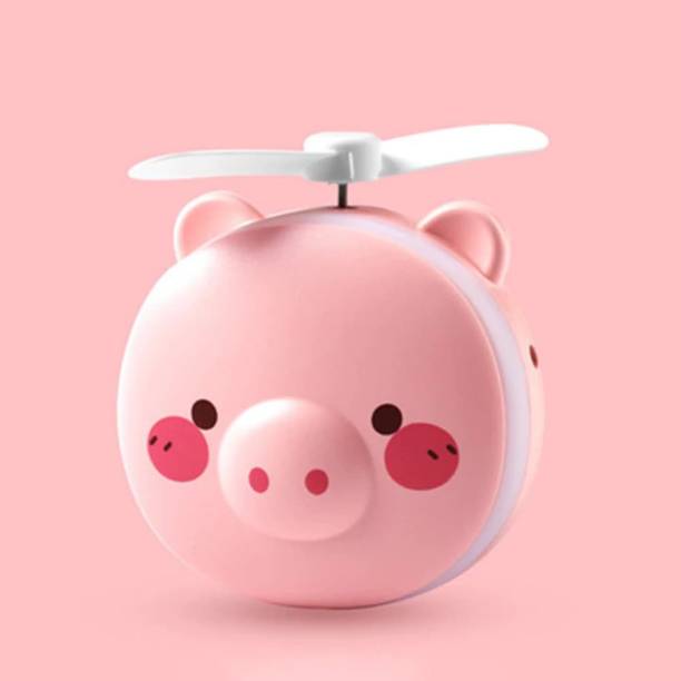 AZACUS Small Cute Pig Head Shape Fill Light LED Mirror Fan USB Portable Charging Pocket Fan Makeup Mirror