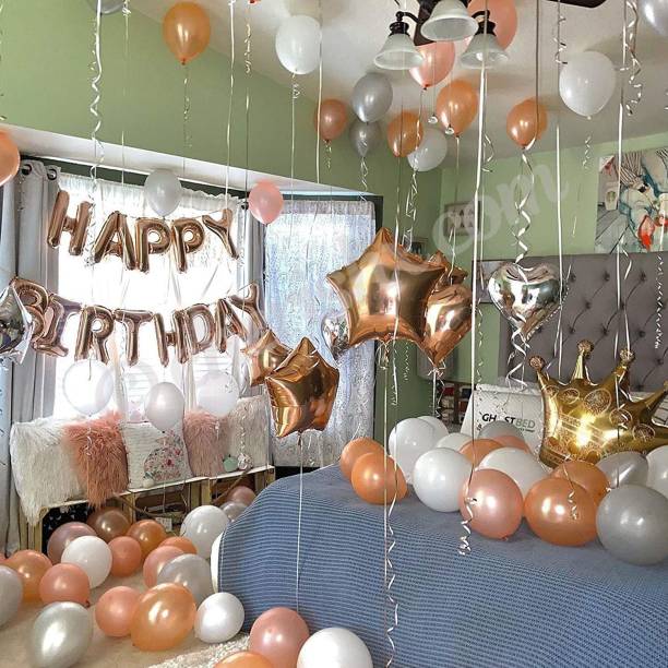 CherishX.com Solid Happy Birthday Kit with Rose Gold Mettalic Balloons, Rose Gold Heart and Happy Birthday foil Balloons (64 Pcs with Pump) Balloon Bouquet