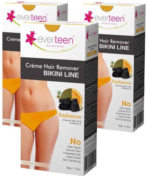 everteen RADIANCE Bikini Line Hair Remover Creme with Charcoal, Kojic Acid and Vitamin C - 3 Packs (50g Each) Cream