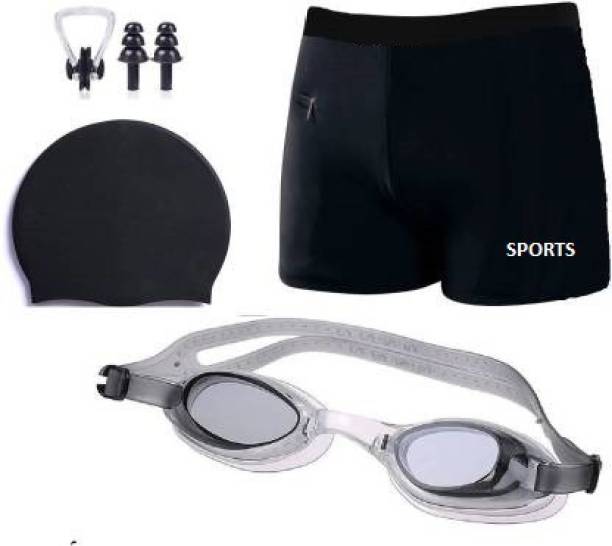 THE MORNING PLAY HIGH QUALITY MEN SWIMMING COSTUME (33 INCH to 36 INCH) GOGGLES BLACK CAP 2 EARPLUG NOSE CLIP SWIMSUIT Swimming Kit Swimming Kit