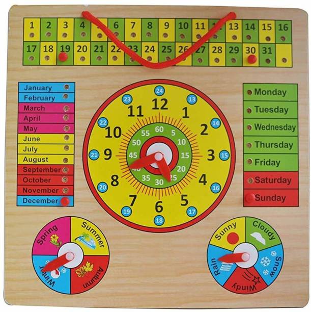 SHRUN CRAFT ND BEAUTY Wooden Learning Educational Board Calendar Clock | Weather Seasons | Wall Mountable With Knobs Educational Toy Board for kids 3+ years- Multi color