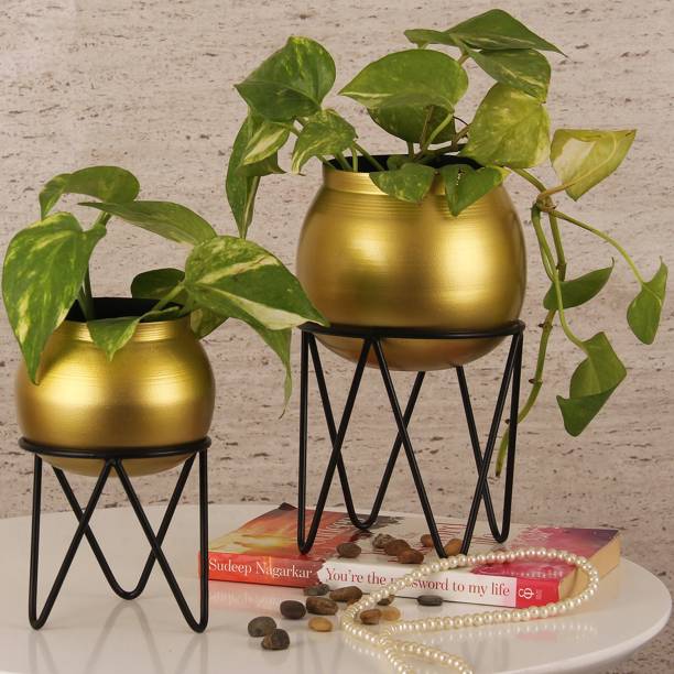 TIED RIBBONS Decorative 2 Gold Metal Planter Flower Pot For Home Decoration Plant Container Set