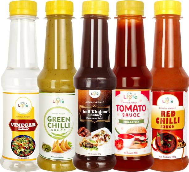 LIYFE Combo of 5 (Imli Dates Chutney, Green Chilli, Red Chilli, Tomato Ketchup, Vinegar Sauces & Ketchup