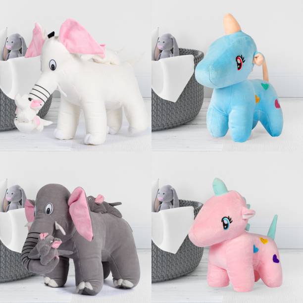 VIPMART Combo of 4 Super Soft Unicorn, Mother Elephant with her two childs Soft Stuffed for Kids/ gifts birthday and for special occasion  - 45 cm