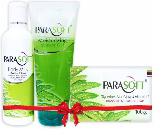 parasoft Body Milk is (with shea butter, vitamin B aloe vera) + Gel (Moisturizing Shower Gel) + Soap(Glycerine, Aloe-vera, Vitamin-E)| Suitable for all skin types | keeps your skin moisturised and hydrated| with added goodness of aloe vera and vitamin E