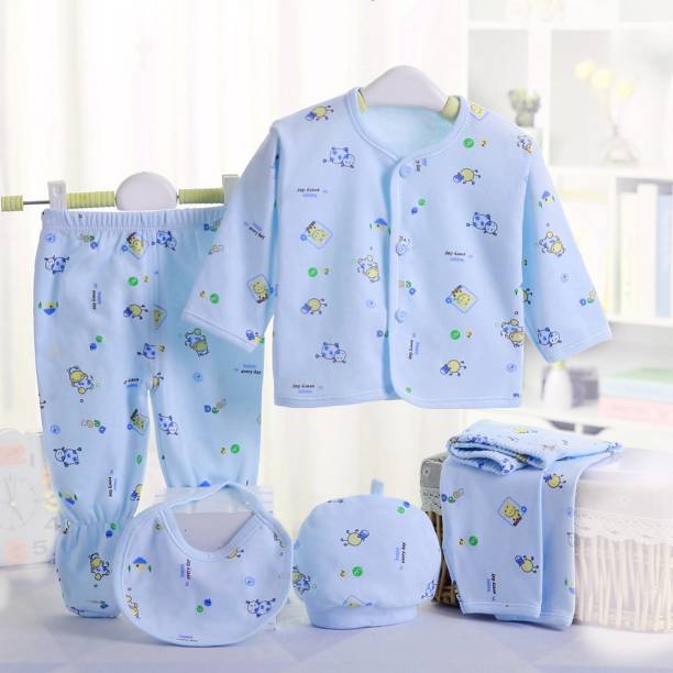 PIKIPOO Presents Premium Quality New Born Baby Summer Wear Baby Clothes 5Pcs Sets 100% Cotton Baby Boys Girls Unisex Baby Cotton/Summer Suit Infant Clothes First Gift For New Born.(Blue, 0-6 Months)