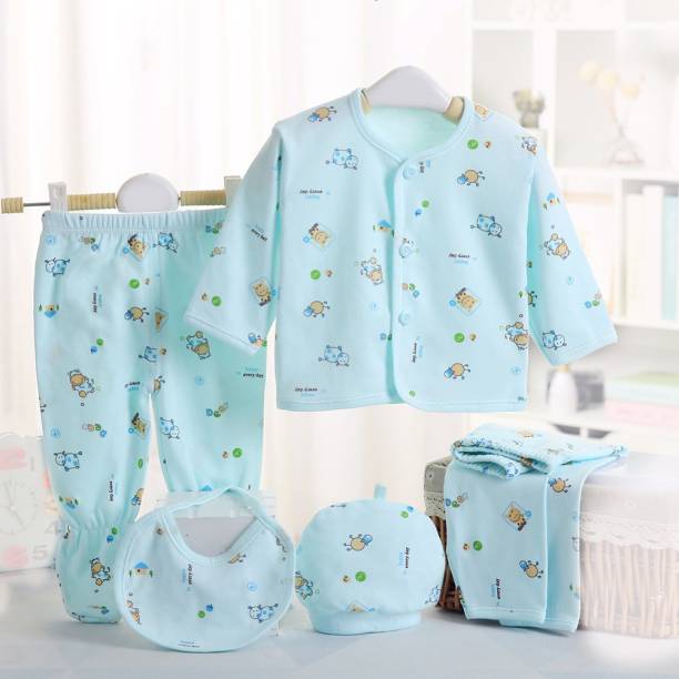 PIKIPOO Presents Premium Quality New Born Baby Summer Wear Baby Clothes 5Pcs Sets 100% Cotton Baby Boys Girls Unisex Baby Cotton/Summer Suit Infant Clothes First Gift For New Born.(Sky Blue, 0-6 Months)