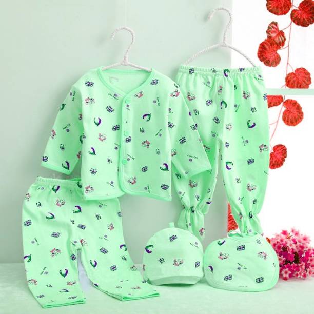 PIKIPOO Presents Premium Quality New Born Baby Summer Wear Baby Clothes 5Pcs Sets 100% Cotton Baby Boys Girls Unisex Baby Cotton/Summer Suit Infant Clothes First Gift For New Born.(Green, 0-6 Months)