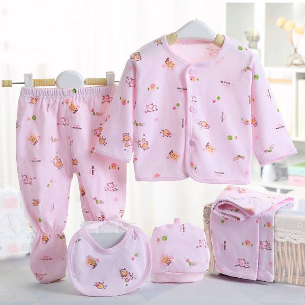PIKIPOO Presents Premium Quality New Born Baby Summer Wear Baby Clothes 5Pcs Sets 100% Cotton Baby Boys Girls Unisex Baby Cotton/Summer Suit Infant Clothes First Gift For New Born.(Pink, 0-6 Months)