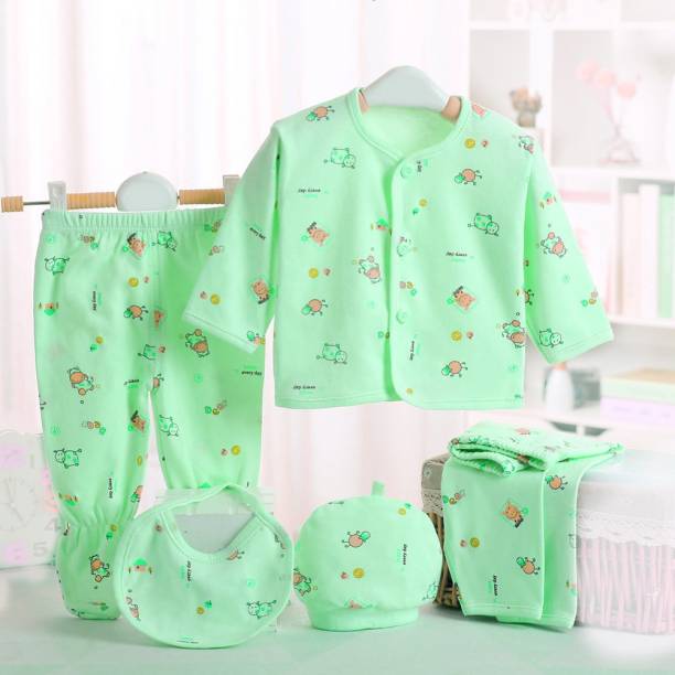 PIKIPOO Presents Premium Quality New Born Baby Summer Wear Baby Clothes 5Pcs Sets 100% Cotton Baby Boys Girls Unisex Baby Cotton/Summer Suit Infant Clothes First Gift For New Born.(Green, 0-6 Months)