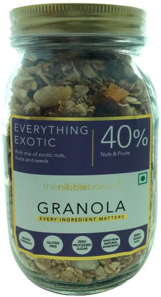 TheNibbleBox Everything Exotic Granola, 500g Jar [40% nuts -dried fruit by weight, gluten free, vegan friendly, no refined sugar] Glass Bottle