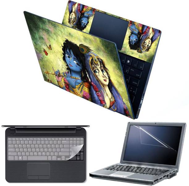 Anweshas 4 in 1 Combo Pack with Laptop Skin Sticker Decal, Palmrest Skin, Screen Protector, Key Guard for 15.6 Inch Laptop - Cute Radha Krishna Combo Set