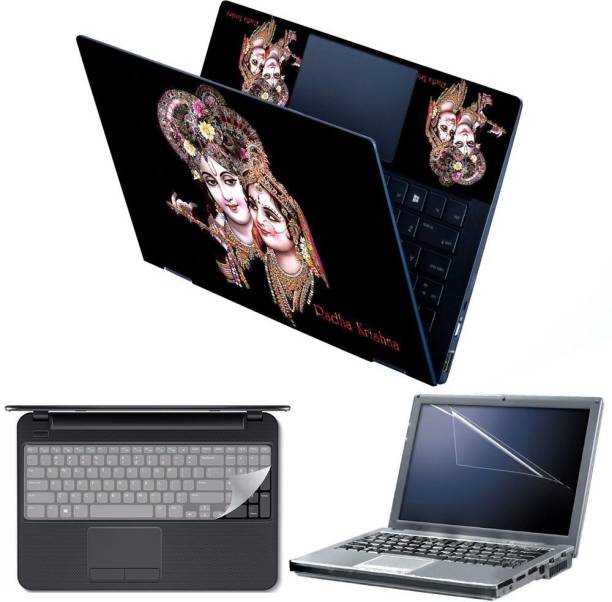 Anweshas 4 in 1 Combo Pack with Laptop Skin Sticker Decal, Palmrest Skin, Screen Protector, Key Guard for 15.6 Inch Laptop - Radha Krishna Black Combo Set