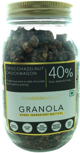 TheNibbleBox Chocohazelnut Chuckwagon Granola, 500g Jar [40% nuts-seeds- dried fruit by weight, gluten free, vegan friendly, no refined sugar] Glass Bottle