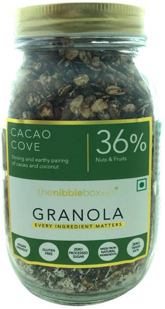 TheNibbleBox Cacao Cove Granola, 500g Jar [36% nuts-dried fruit by weight, gluten free, vegan friendly, no refined sugar] Glass Bottle