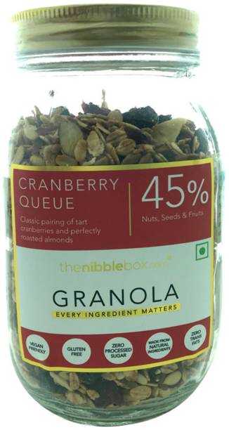 TheNibbleBox Cranberry Queue Granola, 500g Jar [45% nuts-seeds- dried fruit by weight, gluten free, vegan friendly, no refined sugar] Glass Bottle