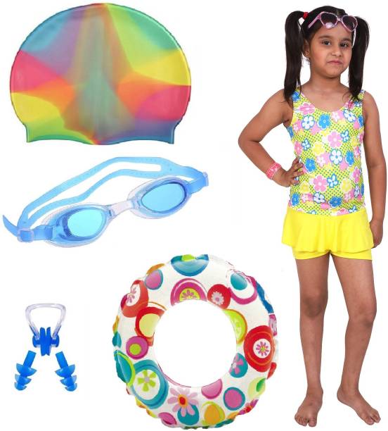 THE MORNING PLAY BABY GIRLS SWIMMING COSTUME YELLOW (8 TO 10 Years) GOGGLES & MULTYCOLOUR CAP WITH RING SWIMMING KIT Swimming Kit