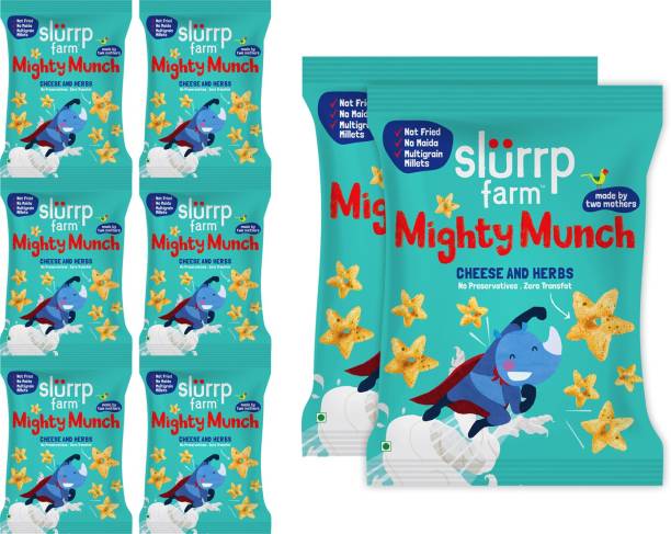 Slurrp Farm Tasty Mighty Munch | Cheese and Herbs | Healthy No Maida Not Fried Snack for Kids, (8 x 20 g)