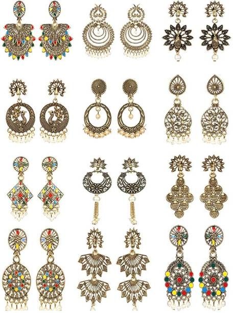 Kreyam's Earrings for Girls and Women Jhumka Artificial Gold Plated - Combo 12 Set Fancy latest Pearl Zinc Chandbali Earring, Drops & Danglers