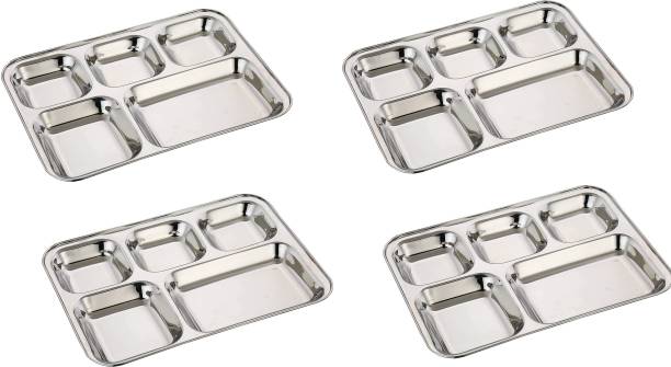 thermoscape Stainless Steel Lunch Dinner Plate Bhojan Thali | Mess Tray | Bhandara Plate | 5 in 1 Compartment Dining Set ( Set of 4 Sectioned Plate