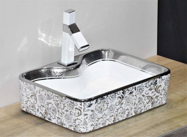 BASSINO Art Wash Basin Countertop, Tabletop Ceramic Bathroom Sink/Basin (480x370x135mm) (Silver white) Table Top Basin