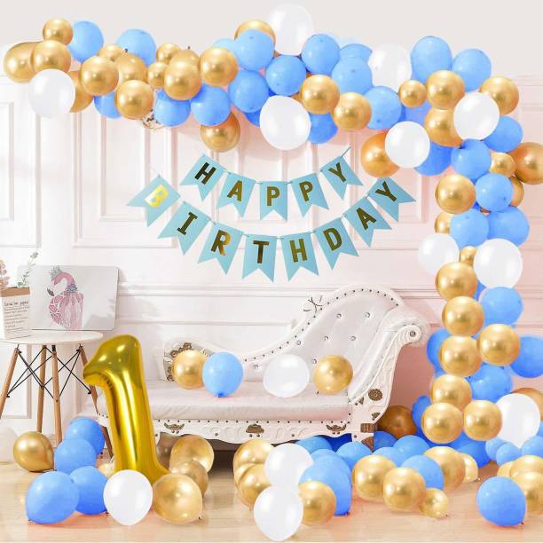 Party Propz Solid First Birthday Decoration Items For Boys - Combo Blue Gold White - 90Pcs for Kids Boys Onederful Theme Decorations/Foil Balloon, Metallic Latex Balloon, Banner Balloon