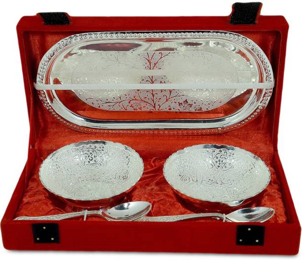 Handicraft Décor India Pack of 5 Silver Plated Silver plated Bowl with serving spoons and Tray set of 5Pcs..(Dryfruit Bowl,Corporate, Diwali,Weeding Gifting Etc.) Dinner Set