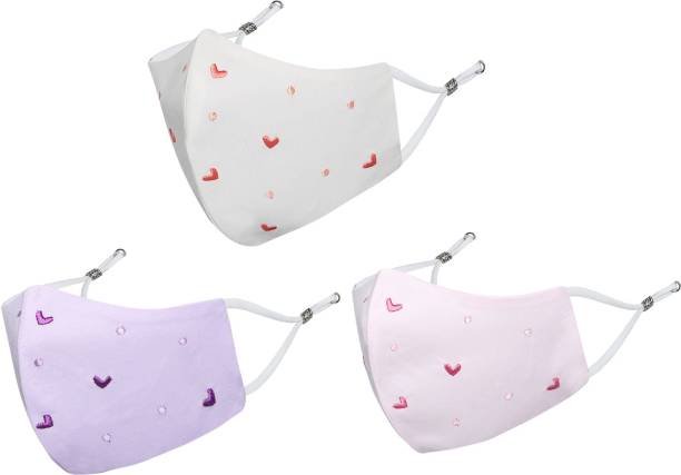 MASQ Anti-Pollution, Anti-Bacterial (BFE>99%) 4 Layer Embroidered, Designer, Fashionable & Protective 100% Cotton Cloth Face Mask for Women, Girls with Size Adjustable Ear Loops Heart_Combo_Large_03 Reusable, Washable Cloth Mask