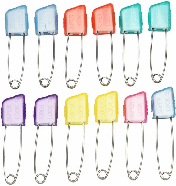 High Profile Multicolor Stainless Steel Double Lock Medium Size Safety Pin Nappy Pin Saree pin Scarf Pin Hijab Pin for Women and Kids - Pack of 12 Back Pin