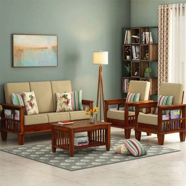saamenia furnitures premium wooden sofa set for living room Fabric 3 + 1 + 1 Natural Brown Sofa Set