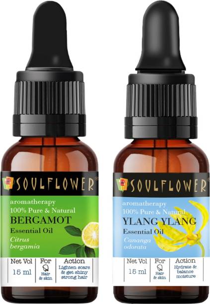 Soulflower Essential Oil Ylang Ylang 15ml, Bergamot 15ml, 100% Premium & Pure, Natural & Undiluted, For Steam Inhaler, Cough, Cold, Hair Growth, Retains Skin Moisture, Shine Hair, Control Scalp Build-up