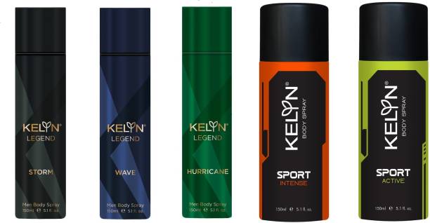 Kelyn SPORT,ACTIVE-INTENSE-STORM-WAVE-END-HURRICANE,(150ML*5) Body Spray  -  For Men & Women