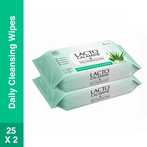 Lacto Calamine Daily Cleansing Facial Wipes with Aloe Vera, Cucumber and Vitamin E, Paraben & Alcohol Free