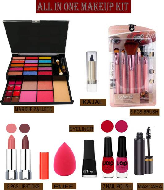 Volo 14 In 1 Makaeup Kit With Lipstick, Nail Polish, Mascara, Eyeliner, Makeup Brush, Kajal And Puff Women Gift Set Makeup Kit 26F21A80