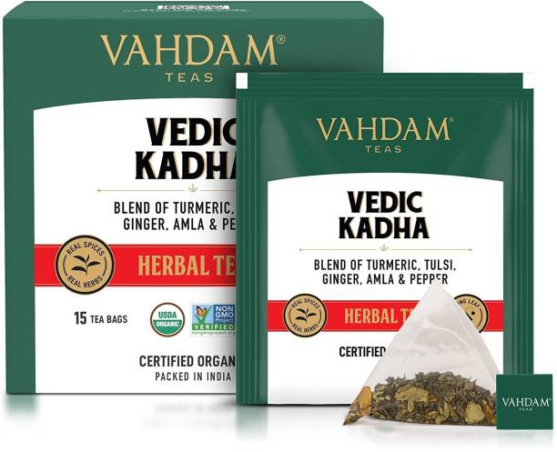 Vahdam Organic Vedic Kadha Tulsi, Ginger, Amla Herbal Tea Bags Box