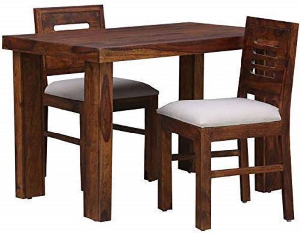 Woodware heesham Wood Dining Table 2 Seater | Wooden Dining Room Furniture | 2 Chairs with Cushion | for Living Room Home Hall Hotel Dinner Restaurant (Natural Teak) Solid Wood 2 Seater Dining Set
