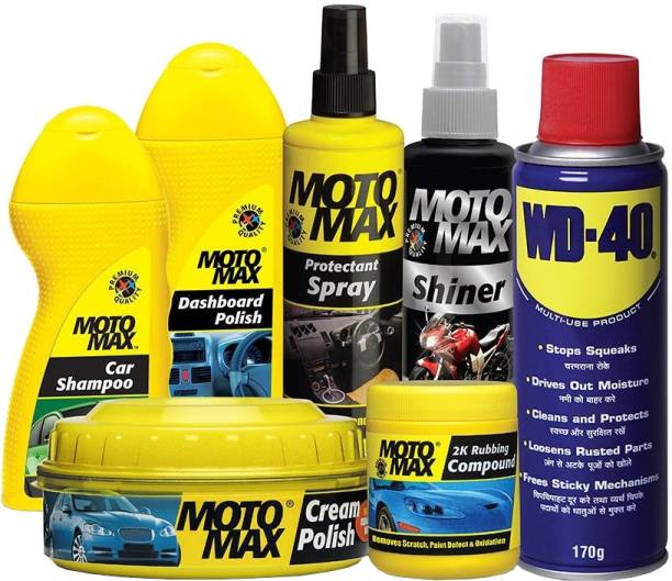 Pidilite Motomax large car care kit - Car wash shampoo, 2k Scratch remover compound, Car cream polish, Dashboard polish 100ml, Multi surface protectant spray, WD-40 Multi-use spray & Motomax Shiner Combo